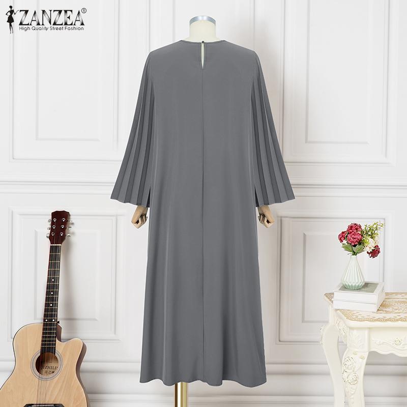 ZANZEA Women Casual Round Neck Loose Long Sleeve Pleated Dress