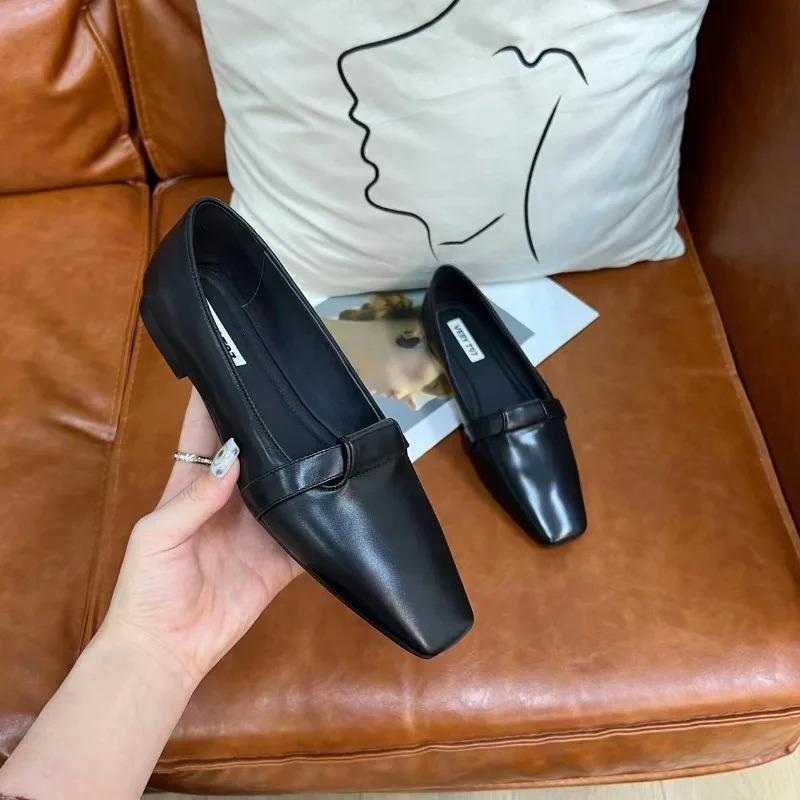 Women Basic Shoes Soft Cowhide Daily Footwear On Thick Heel Slip On Work Pumps Genuine Leather Simple Shoes Cozy Loafers