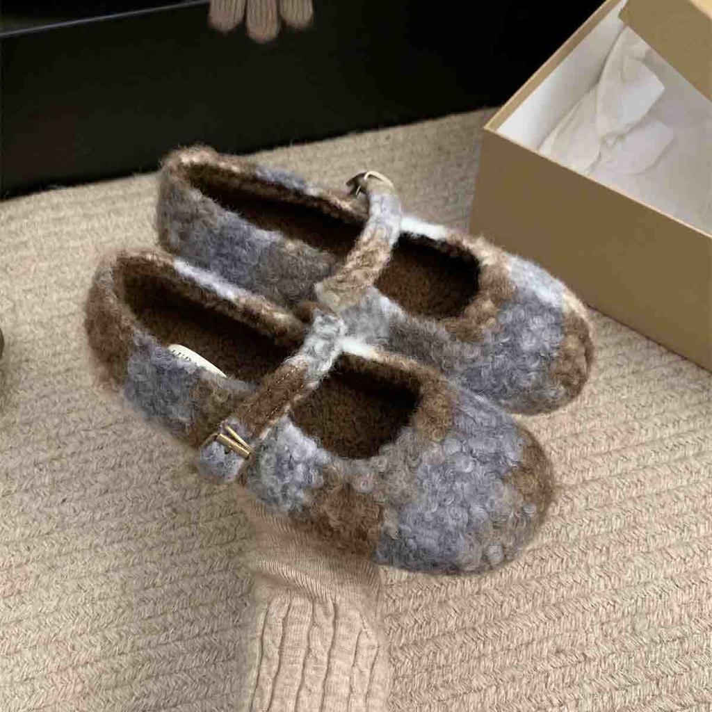 Fashion IPPEUM Mary Janes Shoes Women Winter Ballet Flats Buckle Plush Ballerinas Zapatos Mujer