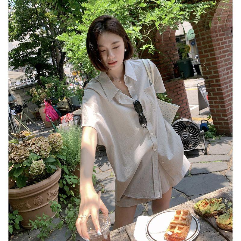 

Lickysenior Tomboy Korean Cotton Shirt Outfit Shirt Women s Summer Casual Stylish Shorts Two-piece Set Brown Gingham shorts-(In Stock 48 hours.) L