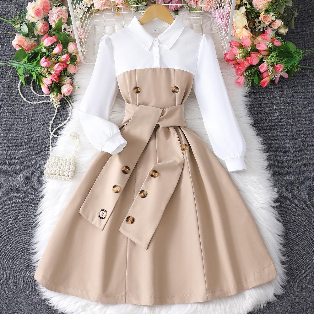 8-12Y Girls' Long-Sleeved Dress Autumn/Winter Dress Patchwork Fashion Contrasting Colours Minimalist Dress