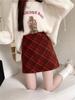 Women's A-line Plaid Retro Red Short Skirt - Autumn/Winter Petite Wool, Hip-hugging