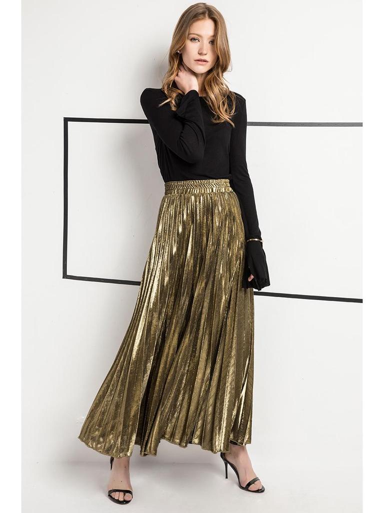 2020 Spring/Summer Pleated Midi Skirt: Plus Size High Waist Gold Beach Dress for Women