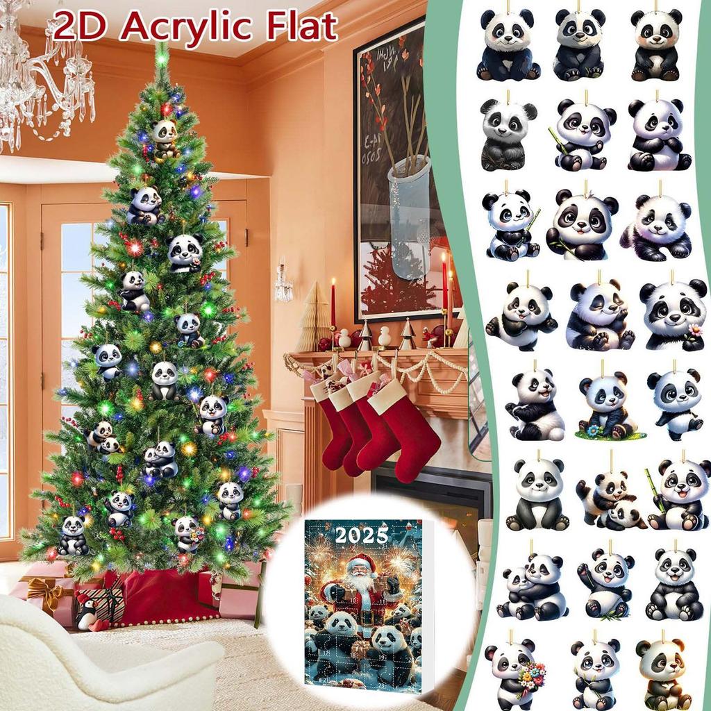 Weihnachts-Panda Adventskalender 24 Stück 2D Panda-Ornament Weihnachtsbaum Panda-Spielzeug Anhänger Panda-Thema Countdown-Kalender