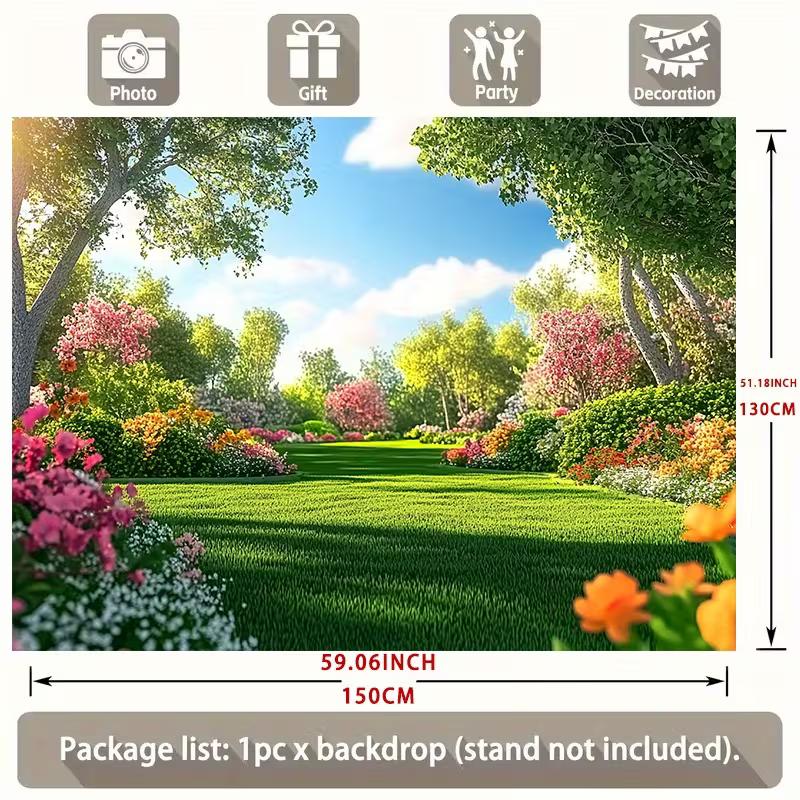 2D Spring Forest Photo Backdrop Green Lawn Floral Scenery Background for Events