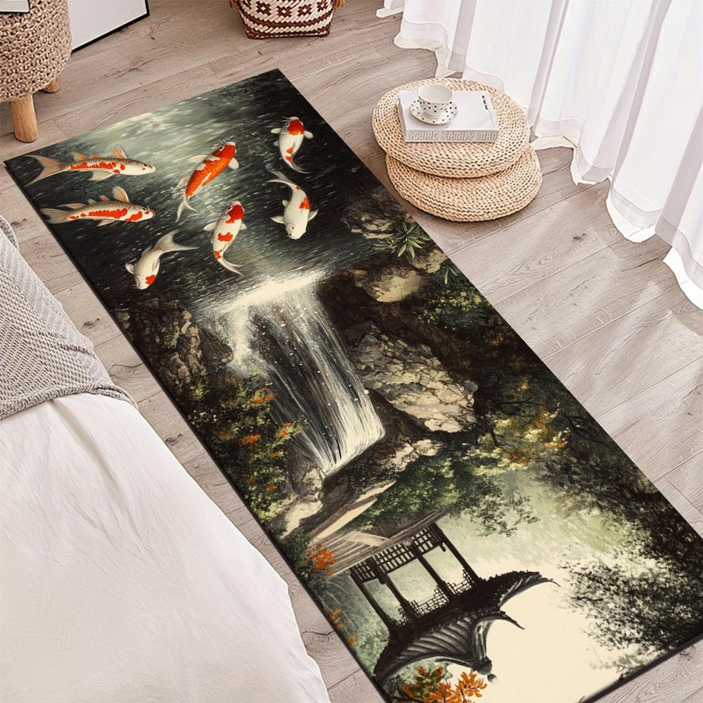 1Pcs Chinese Waterfall Koi Fish & Pavilion Non-Slip Washable Area Rug Runner for Entryway, Living Room, Bedroom & Patio