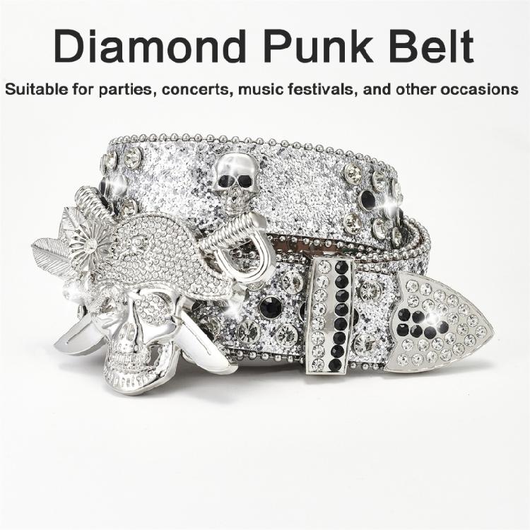 Popular Rhinestones Studded Skull Buckle Belt for Adult Sequined Belt All Matching Western Belt Glittering Belt for Daily