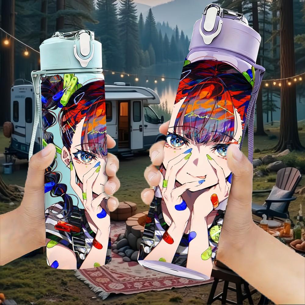 1PC Anime Boy Character Pop Graffiti Style Art 750ml Color Plastic Sports Water Bottle Leakproof Flip Straw Lid Suitable for Sports Office Home Use