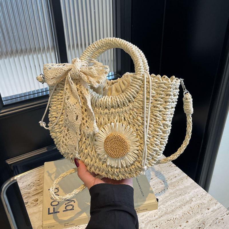 Yogodlns Women Straw Summer Beach Small Drawstring Shoulder Bag Fashion Woven Floral Decor Travel Half-moon Crossbody Bag