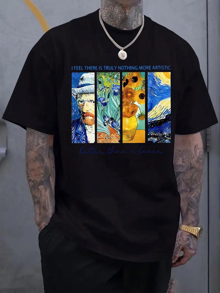 Mens Loose Cotton Tee Van Gogh Classic Paintings Collage Art Quote Print Artist Lover Male Short Sleeve Streetwear Daily Top