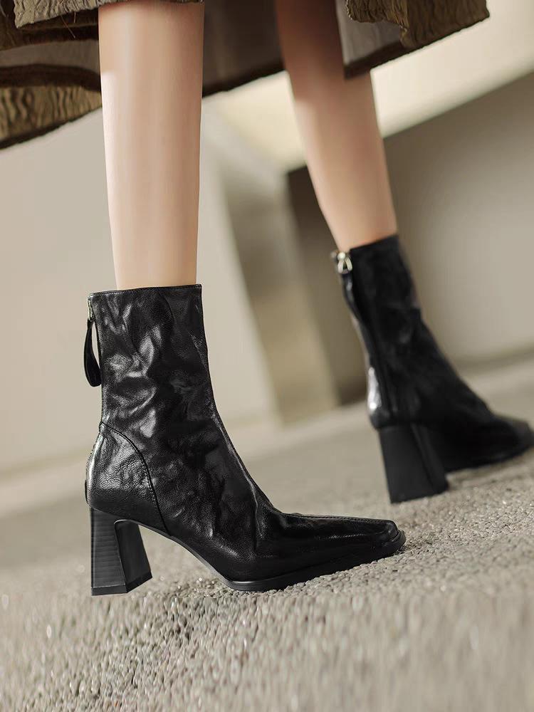 

Модные Универсальные Черные Ботильоны на Молнии с Мягкой Обтягивающей Голенищем Женские 2025 Осень и Зима Новые Ботильоны на Толстом Высоком Каблуке 40