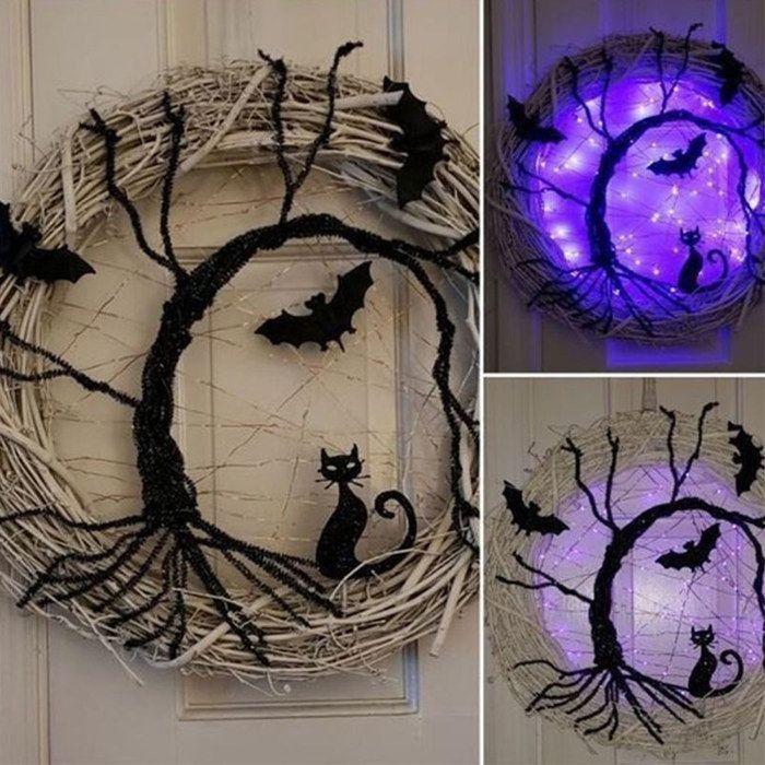 Guirlande lumineuse Halloween - AIMOONSA - Couronne squelette - Diamètre 30 cm - Violet - Chauve-souris &amp; chat