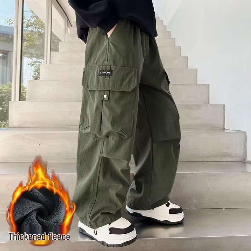 

Утолщенные флисовые спортивные штаны для мальчиков: Прямые теплые повседневные брюки на осень/зиму для возраста 7-14 лет 130 зелёный