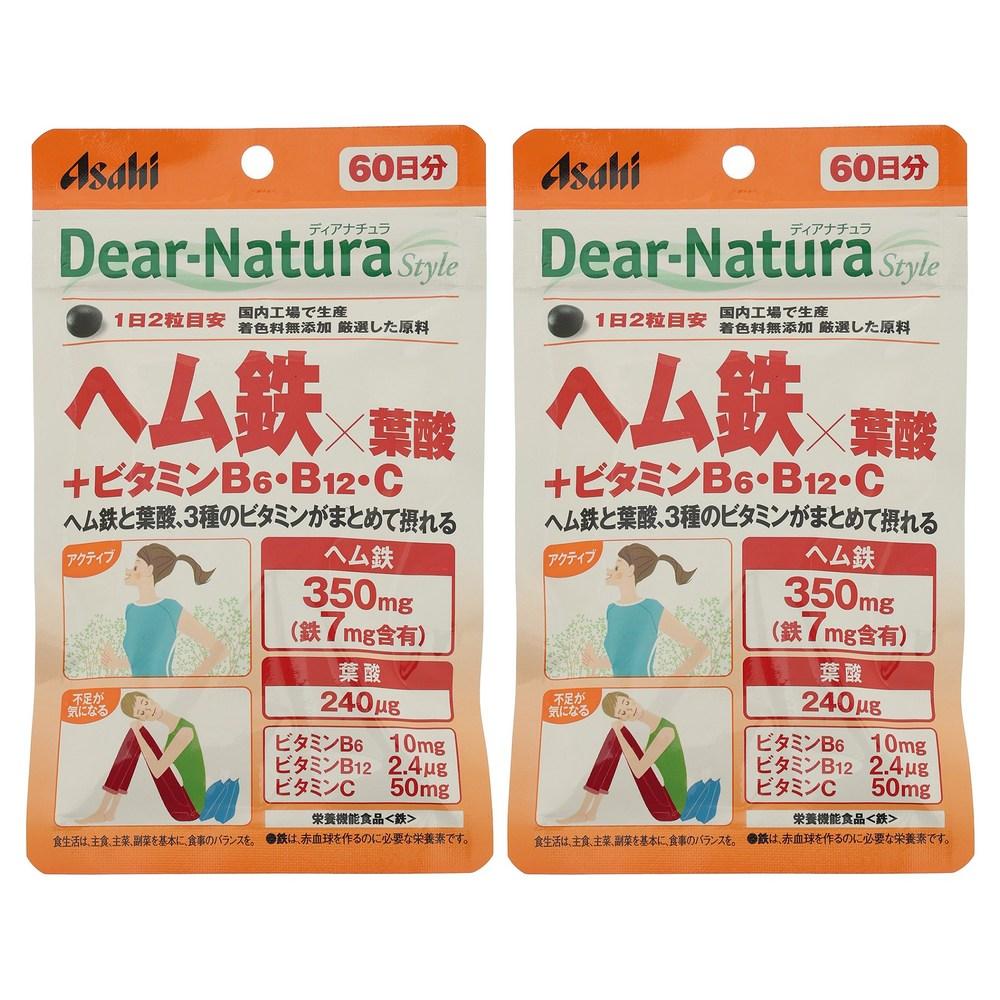 Asahi Dear Natura Style Heme Iron 350mg x Folic Acid 240µg + Vitamin B6, B12, and C Tablets (2 pcs) 120 Tablets