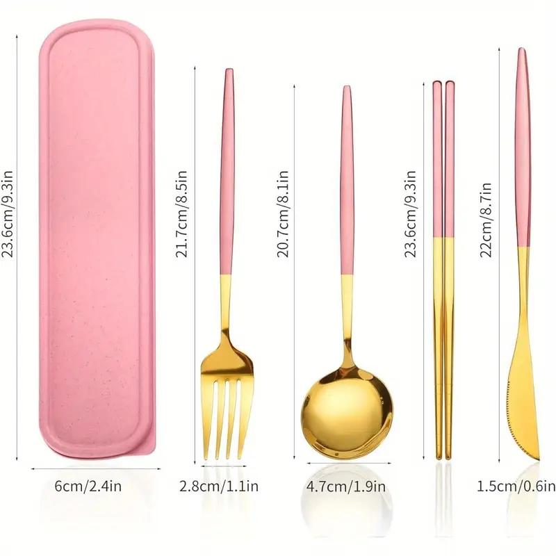 

Stainless Steel Cutlery Set With Storage Box 4 Counts Portable Tableware Set For Home Kitchen Dining Room Household Tableware рожевий