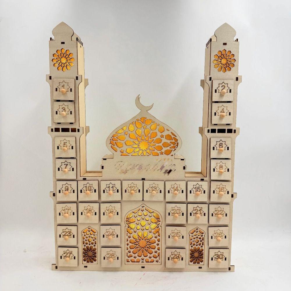 Wooden Ramadan Advent Calendars With Lights Castle Design Eid Mubarak Countdown Calendar 30 Storage Drawers Castle Design