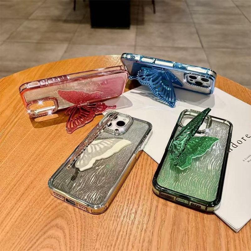 Luxury Bling Butterfly Bracket Transparent Case For iPhone 16 Plus 15 14 13 12 Pro Max 11 Plating Shiny Gradient Diamond Cover