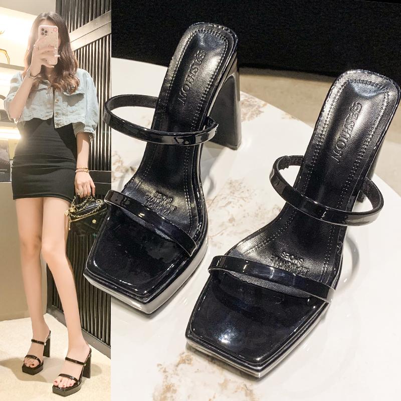 Summer New Style Luxury Square Toe Thick High Heel Platform Slippers Ladies Chunky Sandals Transparent Shoes Women Zapatos Mujer