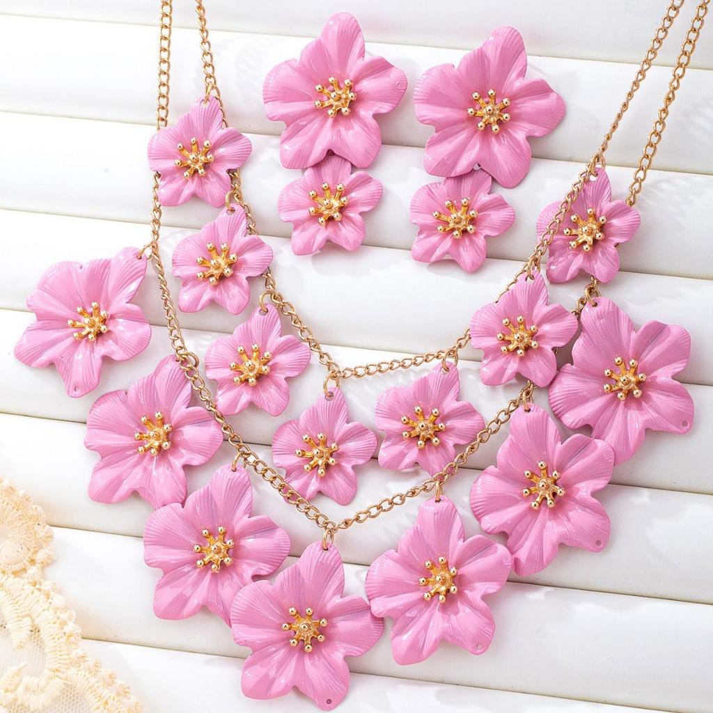 Exquisite Double Flower Necklace & Three-Dimensional Floral Earrings Set
