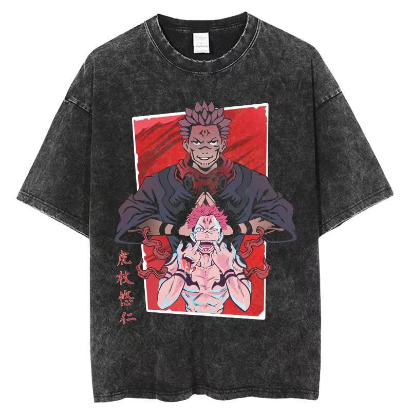Harajuku Japanese Anime Streetwear Graphic T-Shirt Summer Short Sleeve Cotton Tshirt Jujutsu Kaisen Print Vintage Washed Tshirt