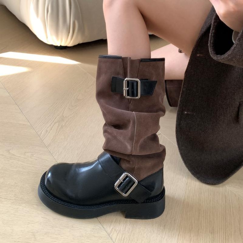 Luxury Splicing Mid Calf Boots Women Fashion Belt Buckle Design Faux Suede Boots Lightweight Non-Slip Round Toe Designer Shoes