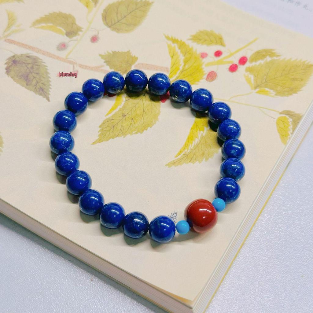 Natural Lapis Lazuli & Nanhong Single-Circle Emperor Sand Bead Bracelet with Aquamarine - Women's High-End Retro Style