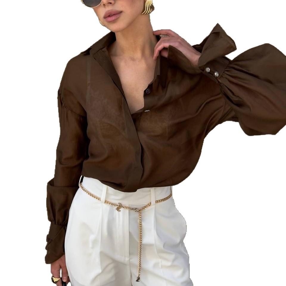 2025 Spring Women's Sweet Fresh Loose Lapel Lantern Sleeve Long Shirt Top