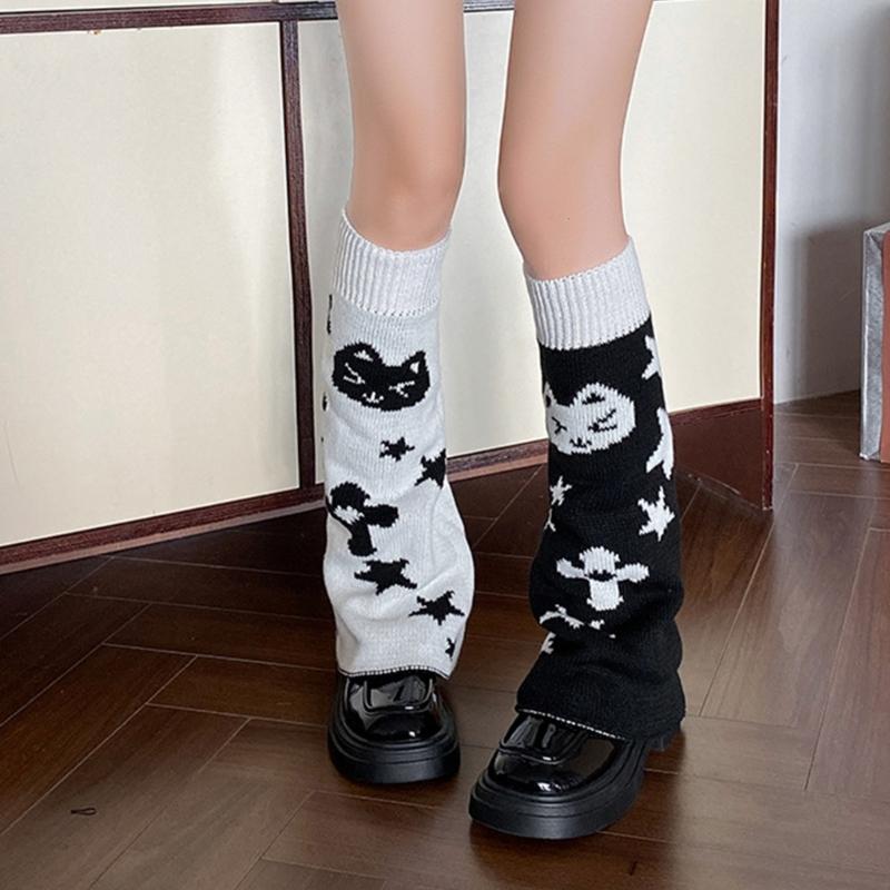 Reversible Knitted Long Tube Leg Warmers with Cute Cats Pattern for Women Punk Grunge Flared Boot Covers Footless Socks
