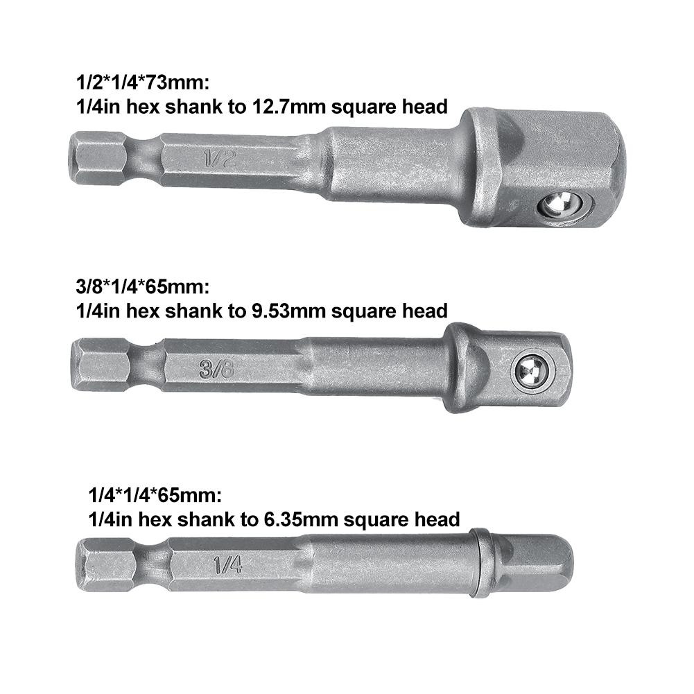 3pcs Set Socket Adapter 1 4in Hex Shank to 1 4  3 8  1 2  Drill Bits Extension Bar (Long Type)