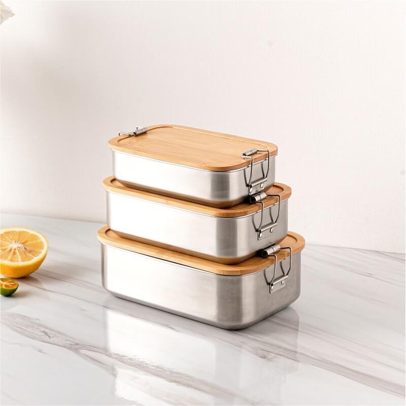 Portable 304 Stainless Steel Square Lunch Box with Bamboo Lid