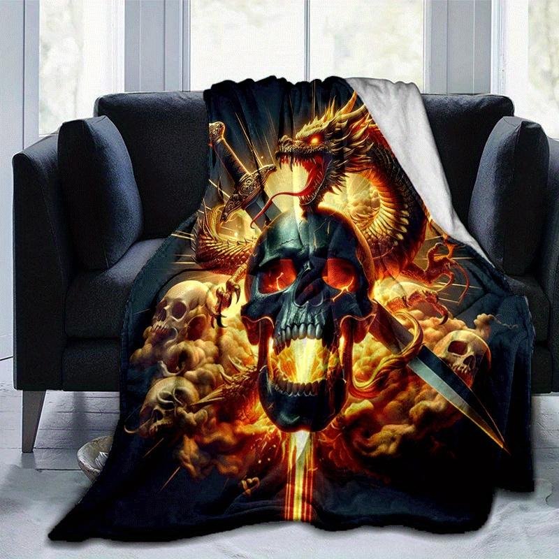 

1pc Dragon and Skull Printing Lightweight Flannel Blanket, Comfortable and Warm Blanket, for Camping Sofa Bed and Couch Office, Gift 100x150cm