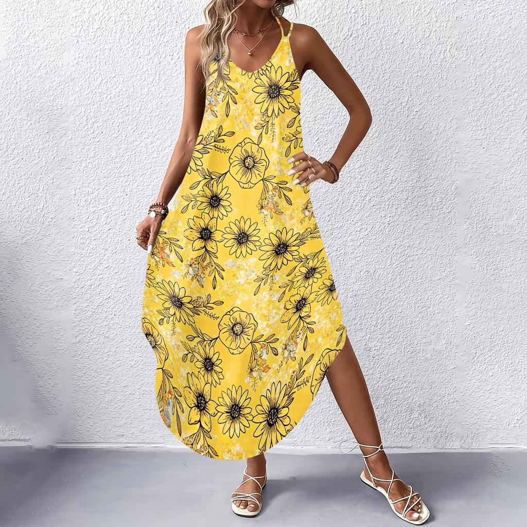 Women V Neck Floral Print Sleeveless Maxi Dress with Pockets Loose Fit Summer Beach Long Dress for Casual Wear