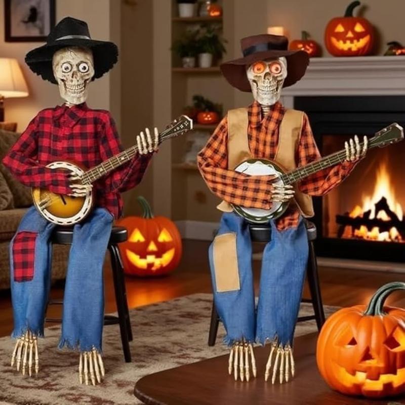 

Dueling Banjo Playing Skeletons Halloween Decoration Set Illuminating Plastic Musicians For Home Yard Themed Parties