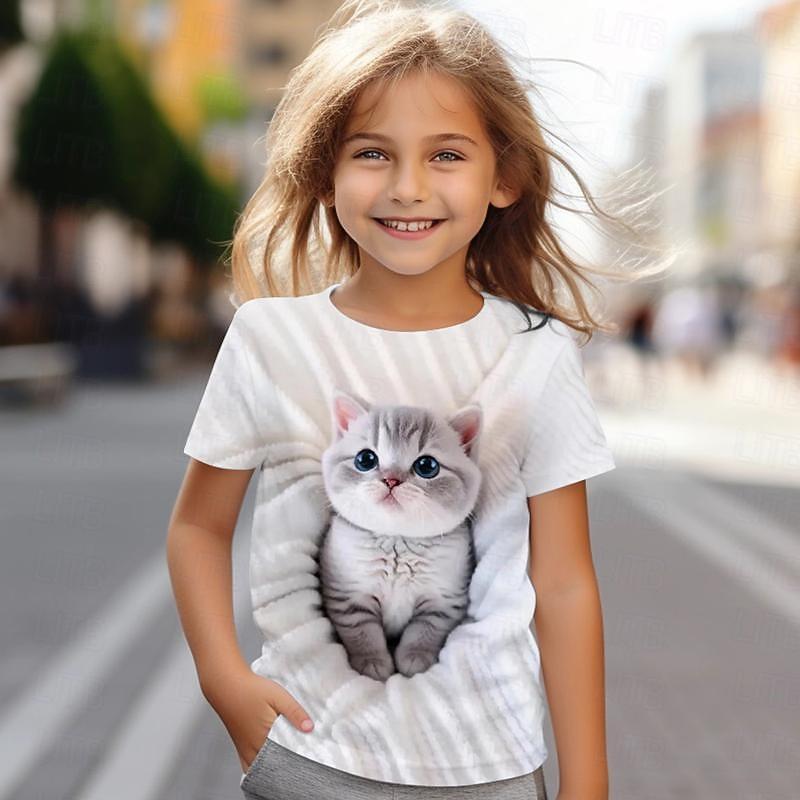 

Girls 3D Cat Tee Shirts Short Sleeve 3D Print Summer Active Fashion Cute Kids 3-12 Years Crew 100
