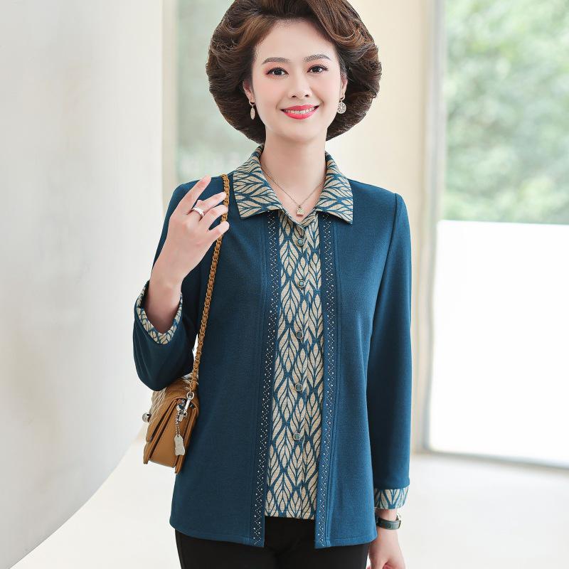 

Grandma s Spring 2026 Long-Sleeve Mom Top for Middle-Aged & Elderly Women - Faux Two-Piece Style 5XL [160-170 jin] синій