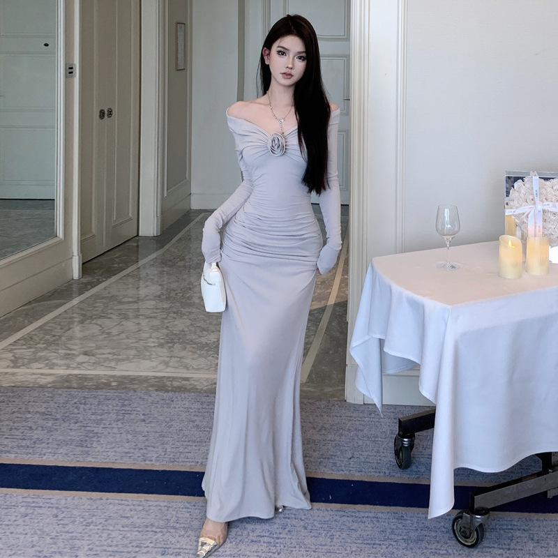

Women s temperament, feminine off-the-shoulder long-sleeved waist dress L світло-сірого кольору