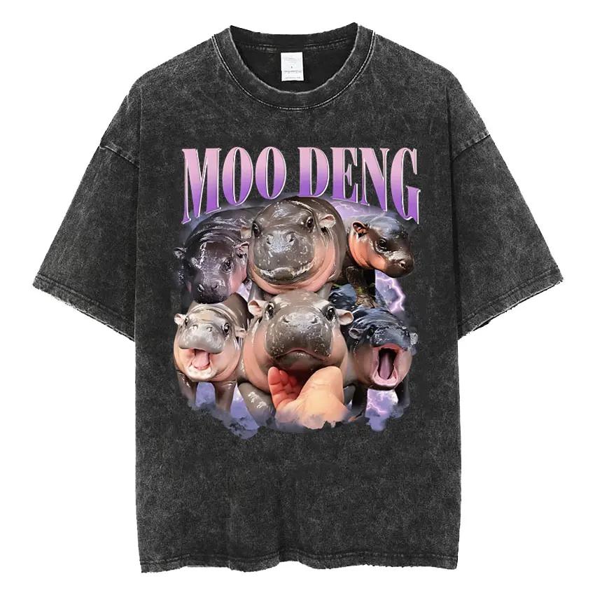 Cute Hippo Moo Deng Rap Vintage Washed T Shirt Funny Meme T Shirts Men Women Fashion Oversized Cotton T-shirt Streetwear