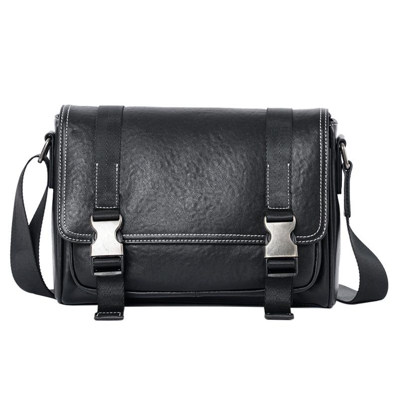 Men s Genuine Leather Crossbody Bag, Horizontal Flap, Large Capacity, Cowhide Fashion Stitching чёрный
