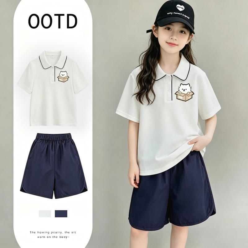 Girls' Summer Cotton Polo Shirt Set (Ages 6-12) – College Style with Lapel and Short Sleeves