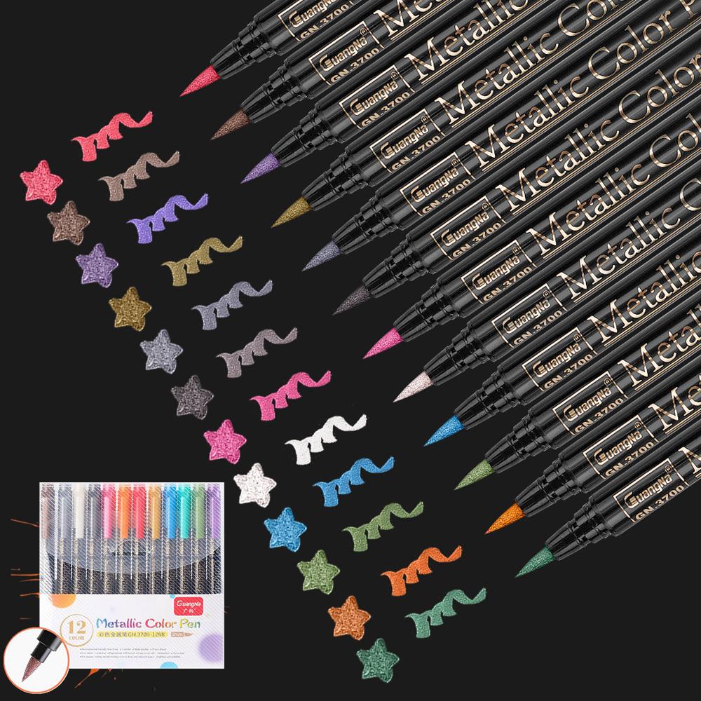 

12/20 Colors Metallic Brush Marker Pen Set 2mm Water Based for Black Brown Card Wood Ceramic Glass Drawing pens School Supplies