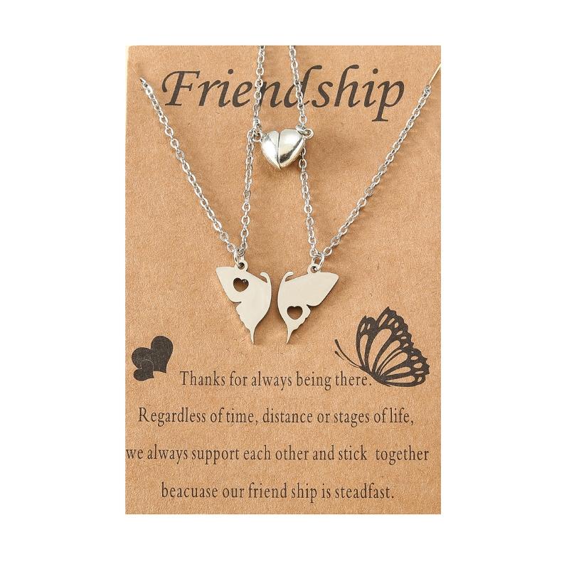 2Pcs Stainless Steel for Butterfly Pendant Necklace European American Personality Friendship Card Heart-shaped Necklace 1