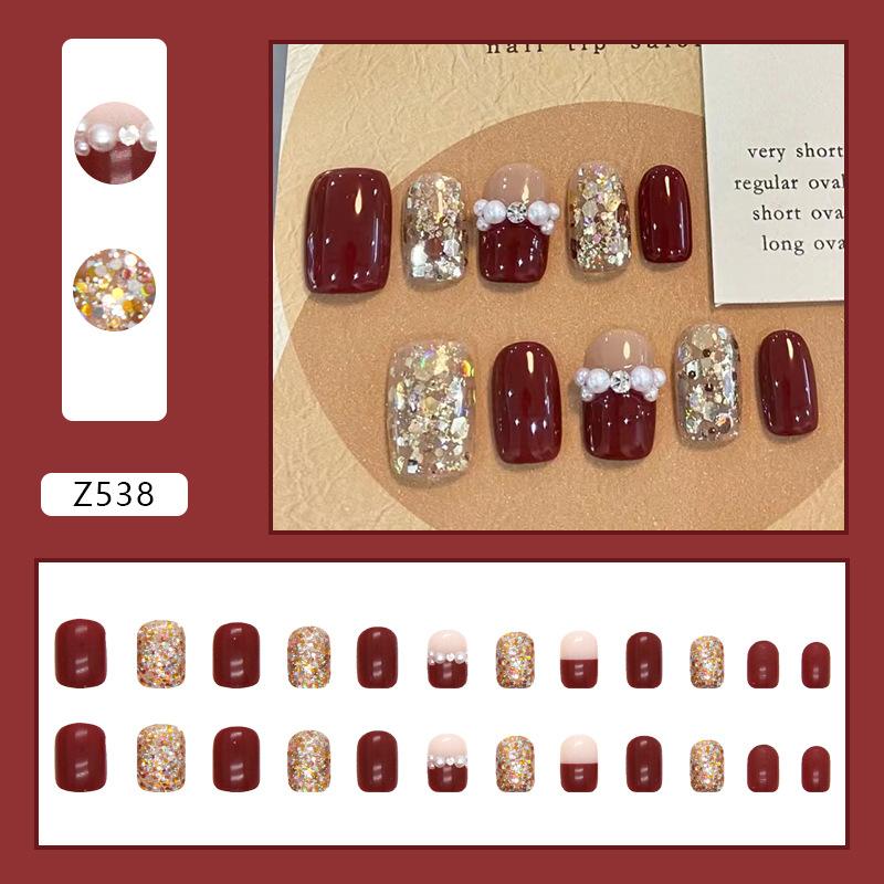 Burgundy Flash Fragments Wear Nail Festive Atmosphere New Year'S Feeling Nail Art Pieces Bridal Fake Nails
