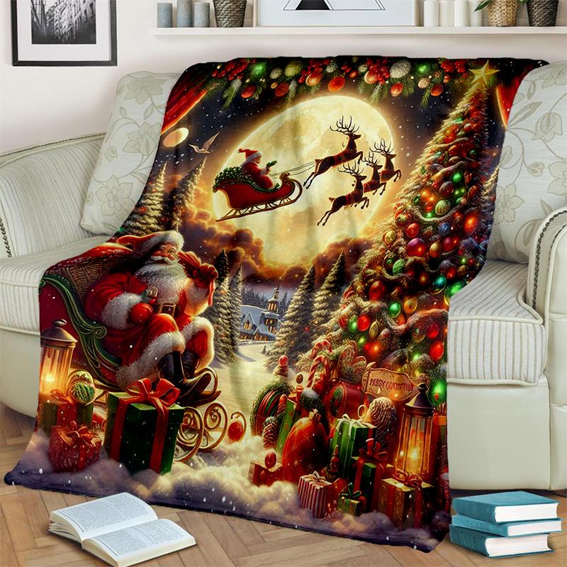 Merry Christmas Cartoon Santa Claus Christmas Tree Festival Gift Blanket,Soft Throw Blanket for Home Bedroom Bed Sofa Cover Kid