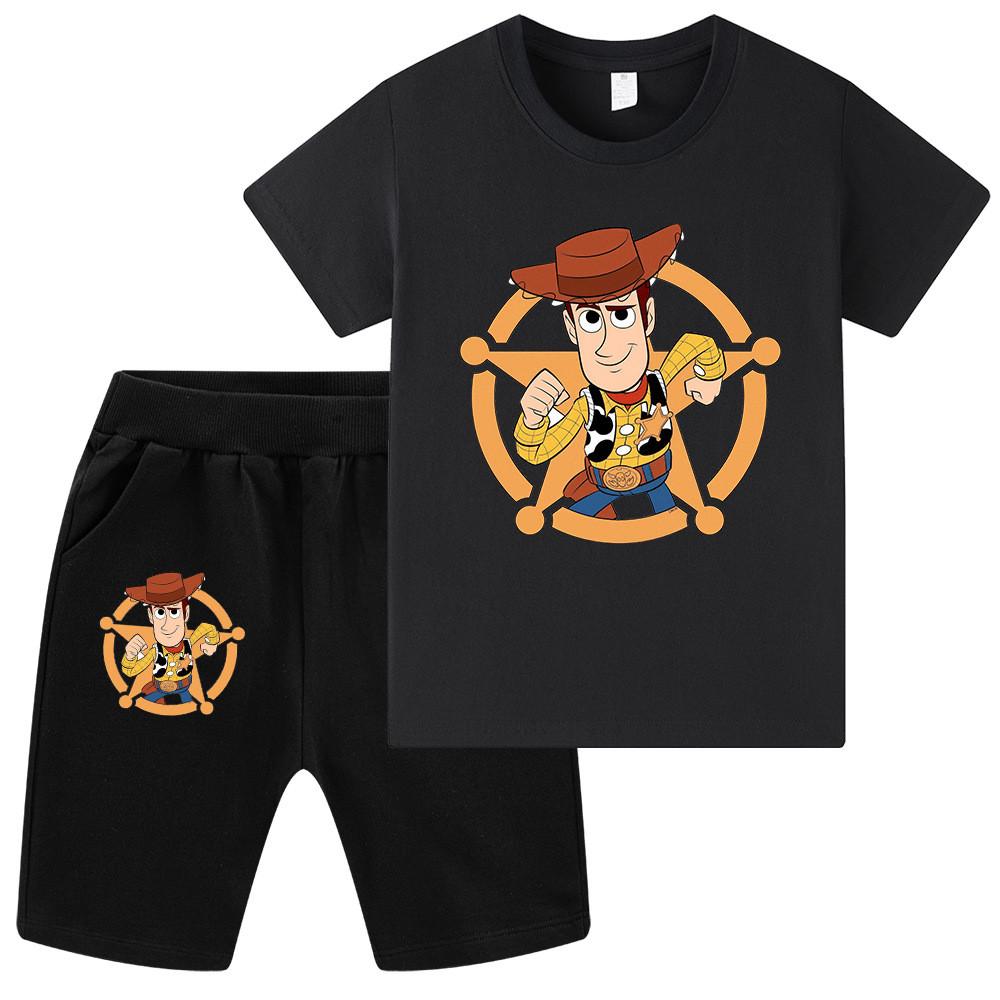 WA1457 Girls Boys Woody Print Short Sleeves T-shirt Shorts Sets 100cm