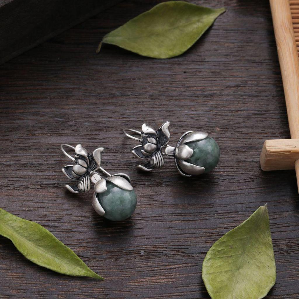 925 Sterling Silver Ethnic Style Good Fortune Lotus Flower Dangle Earrings for Women