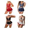 Sexy Pyjama-Set für Damen Durchsichtiges Spitzen-Crop-Top mit V-Ausschnitt mit BH und kurzem Rock Sommer Zweiteiliges Nachtwäsche-Pyjama-Set