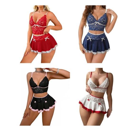 Sexy Pyjama-Set für Damen Durchsichtiges Spitzen-Crop-Top mit V-Ausschnitt mit BH und kurzem Rock Sommer Zweiteiliges Nachtwäsche-Pyjama-Set