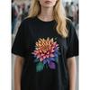 Womens Black T Shirt with Colorful Dahlia Flower Print Short Sleeve Round Neck Casual Loose Fit Graphic  Women's T-Shirt, Beach