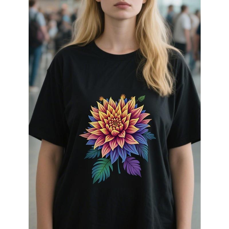 

Womens Black T Shirt with Colorful Dahlia Flower Print Short Sleeve Round Neck Casual Loose Fit Graphic Women s T-Shirt, Beach 4XL чорний