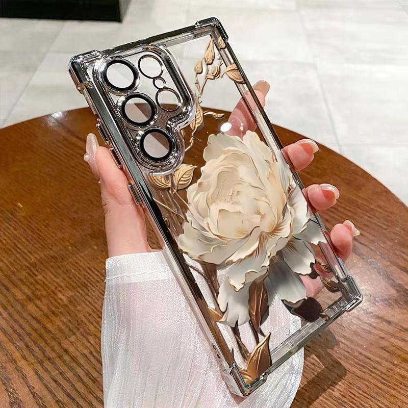 

Elegant Golden Lotus Flower Plating Phone Case for Samsung S25 S24 S23 S22 S21 S20 Note20 FE Ultra Plus 5G Airbag Cover S23 5G